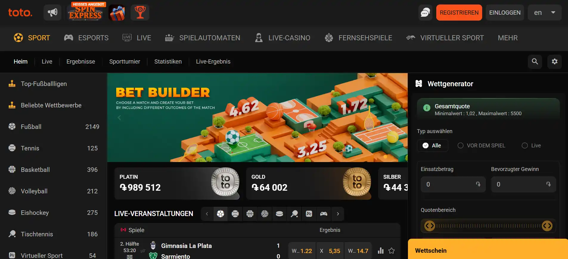 Sportwettenbereich mit Märkten für verschiedene Begegnungen bei TotoGaming