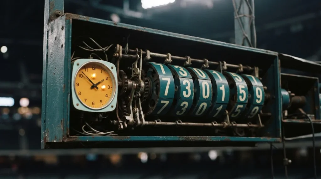 Mechanische Stadionanzeige mit Zahlenrollen und Uhr im Flutlicht