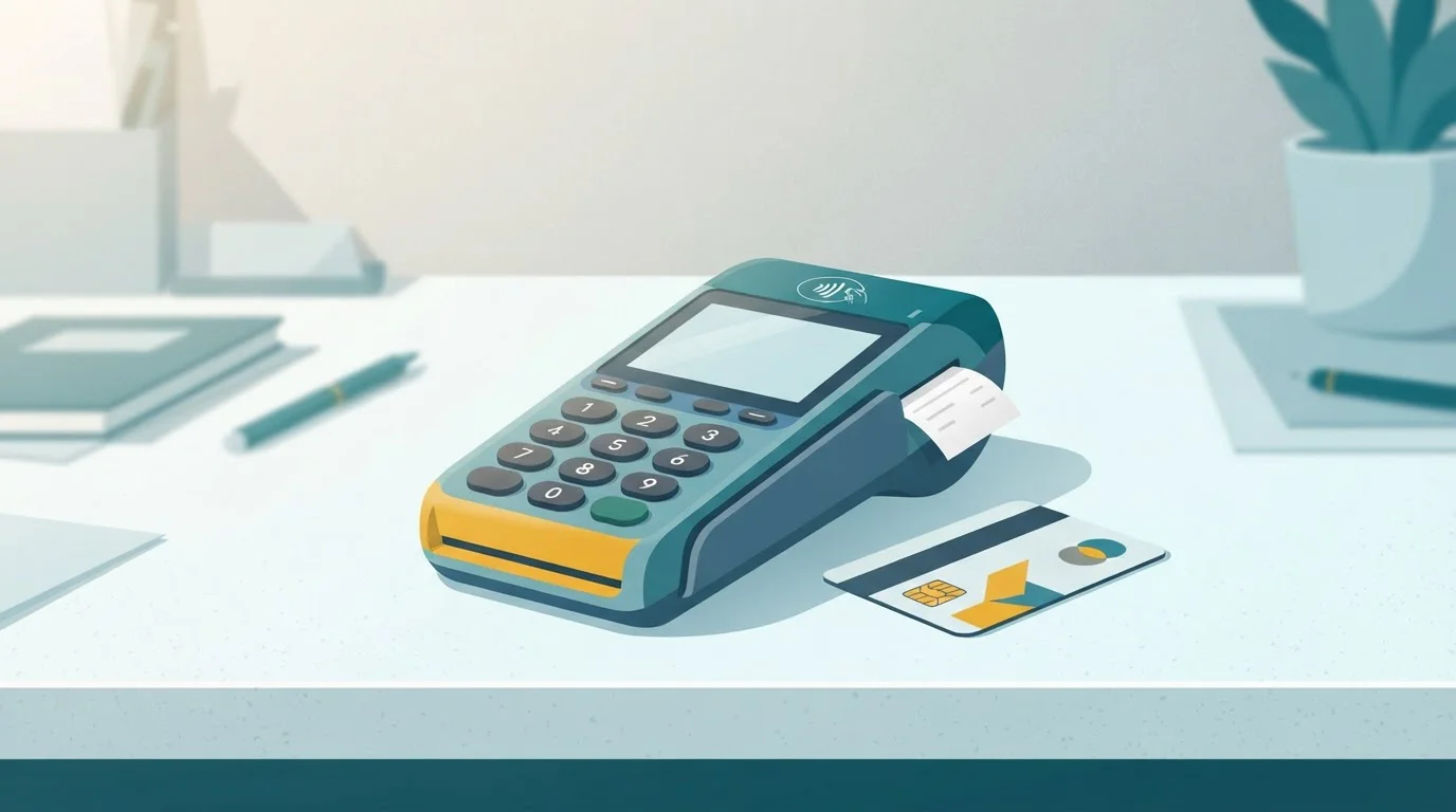 Zahlungsunterlagen und Kartenterminal auf einem Schreibtisch