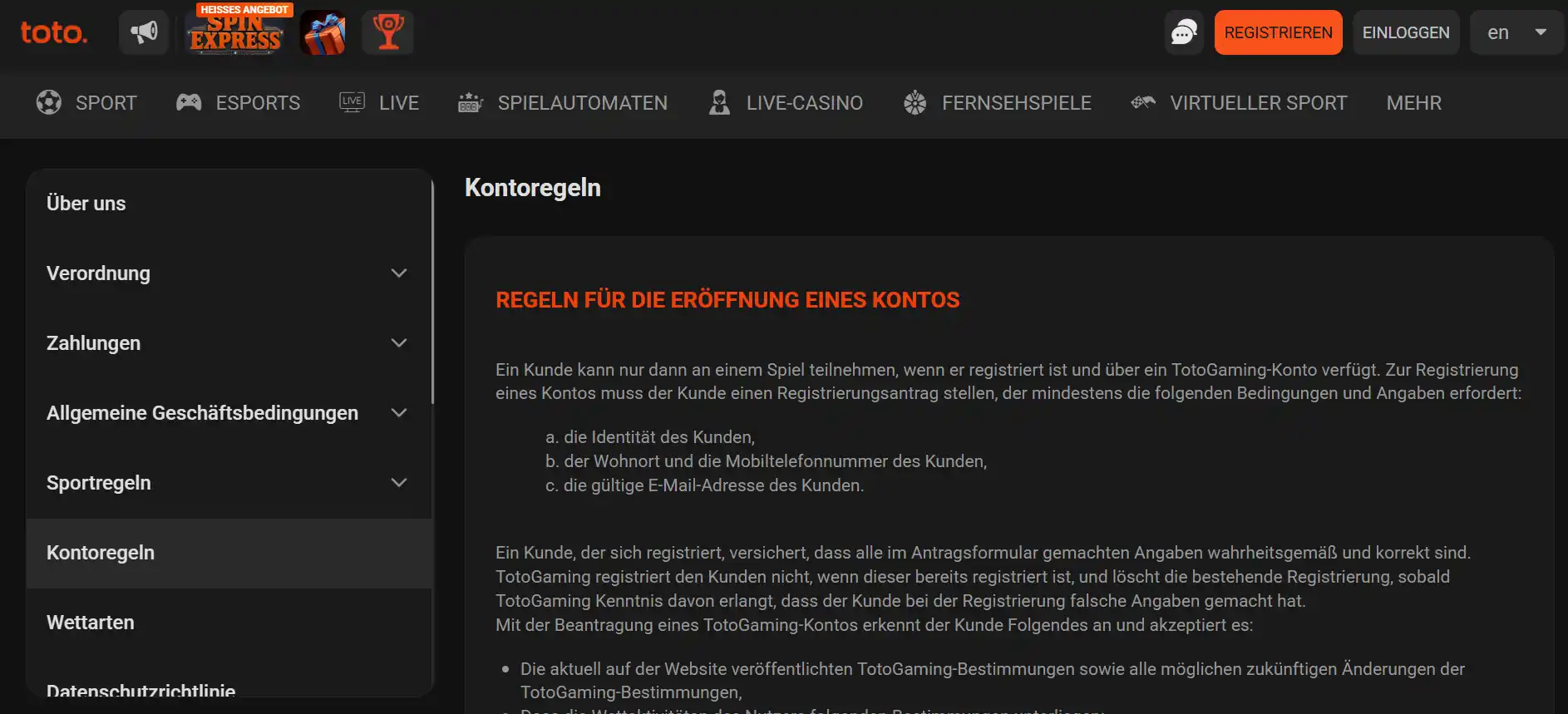 Informationsseite von TotoGaming zur Selbstsperre