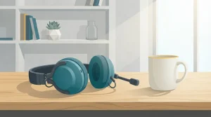 Headset und Notizbuch an einem Arbeitsplatz