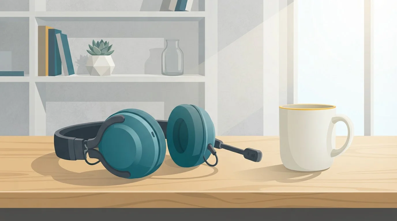 Headset und Notizbuch an einem Arbeitsplatz