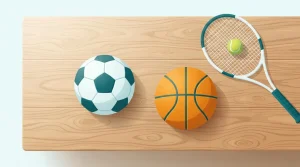 Fußball, Tennisball und Basketball auf einer Holzfläche